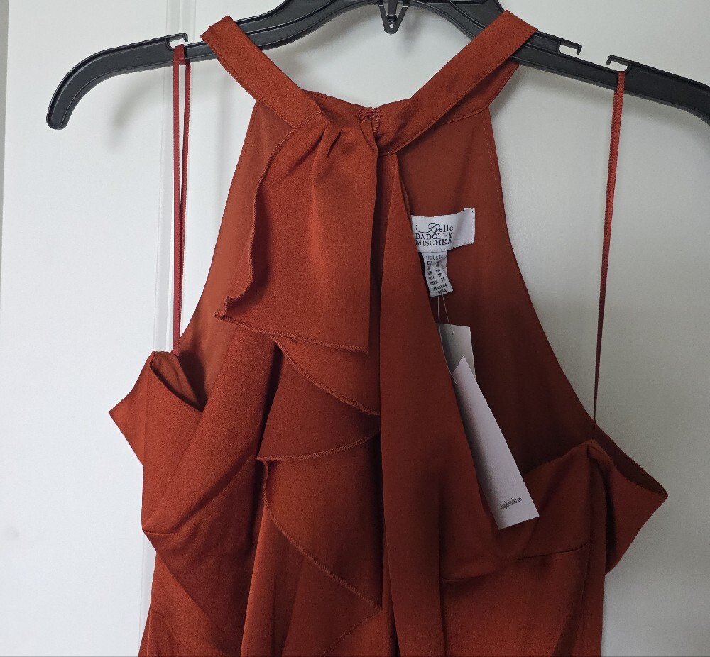 Badgley Mischka Rust Halter Ruffle High-Low Gown - Picture 9 of 16